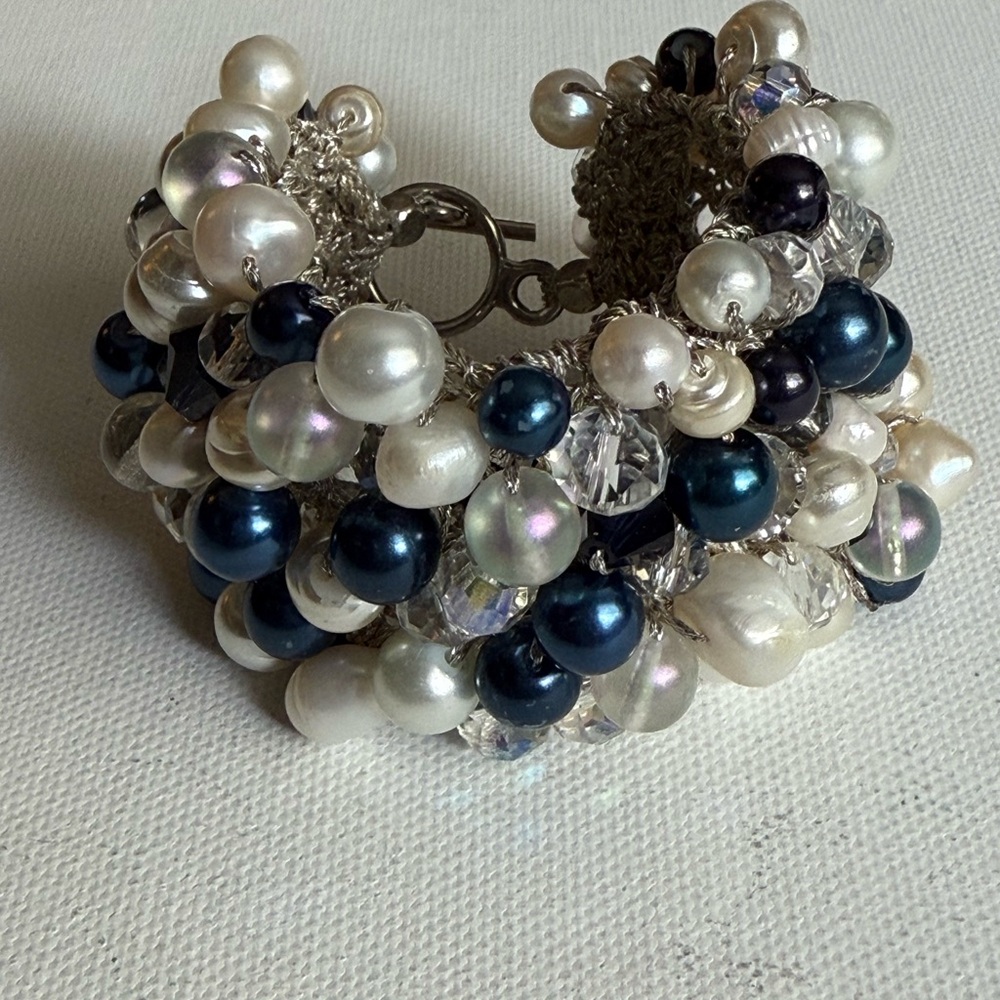 Midnight Sapphire ,Pearl ,and Crystal Wedding Bracelet